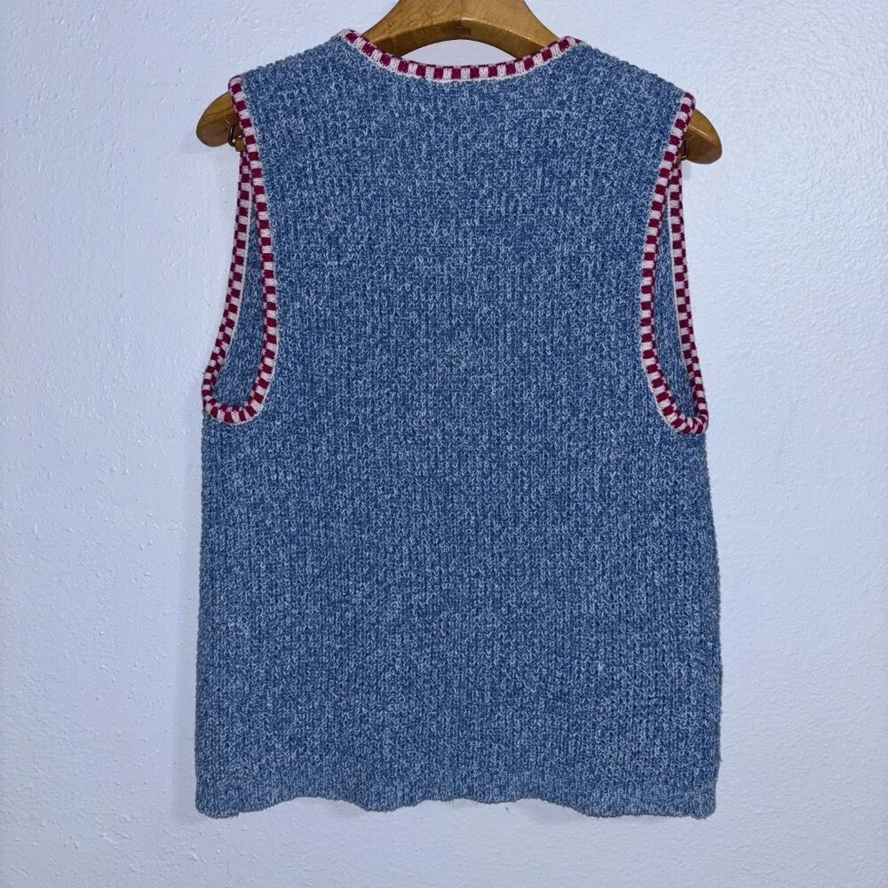 Vintage Capacity Teddy Bear‎ Sweater Vest Large Blue Knit Red Gingham Bow Ramie